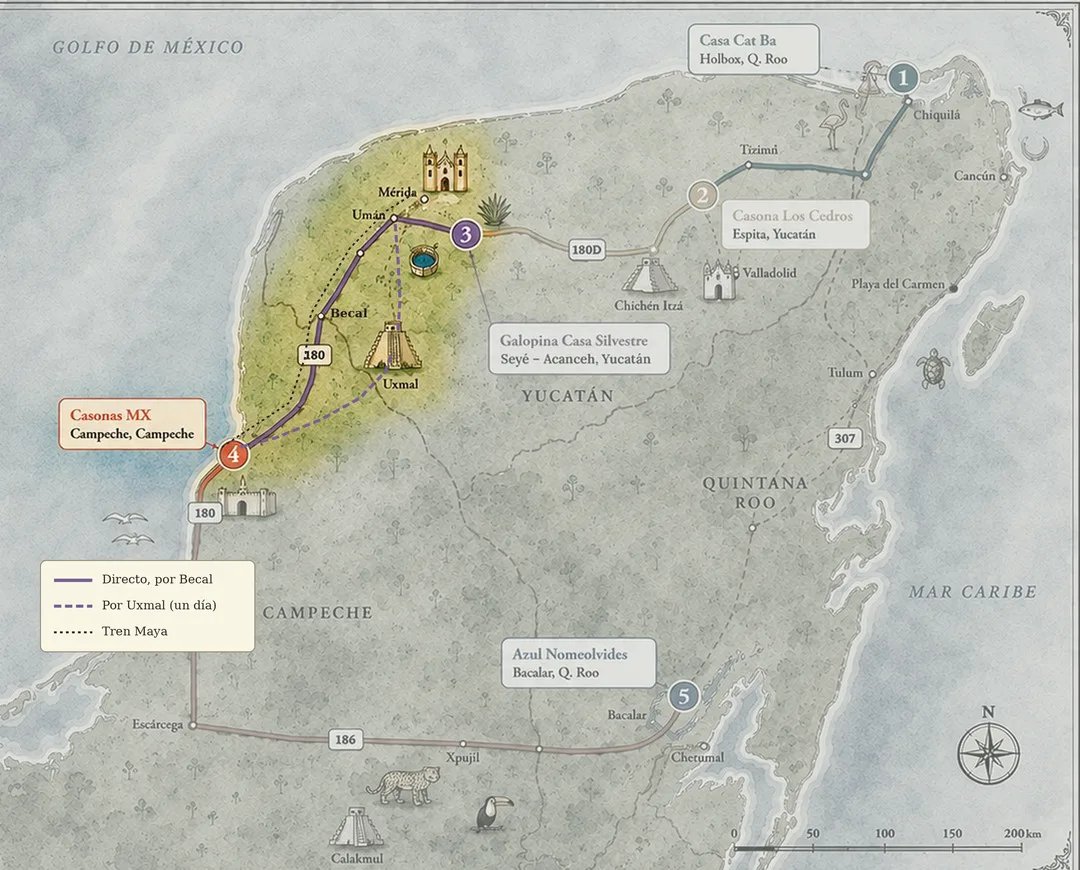Mapa ilustrado del norte de la península de Yucatán con el camino entre Campeche y Mérida por Becal, la alternativa por Uxmal y la línea del Tren Maya.