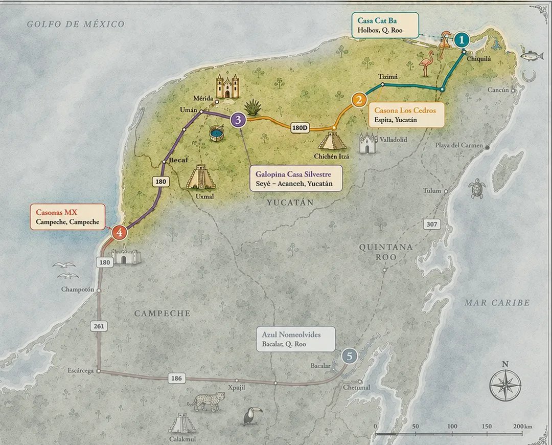 Mapa ilustrado de la península de Yucatán con el camino de Campeche a Holbox por el anillo de cenotes y Espita, y las cuatro casas de la ruta en ese recorrido.