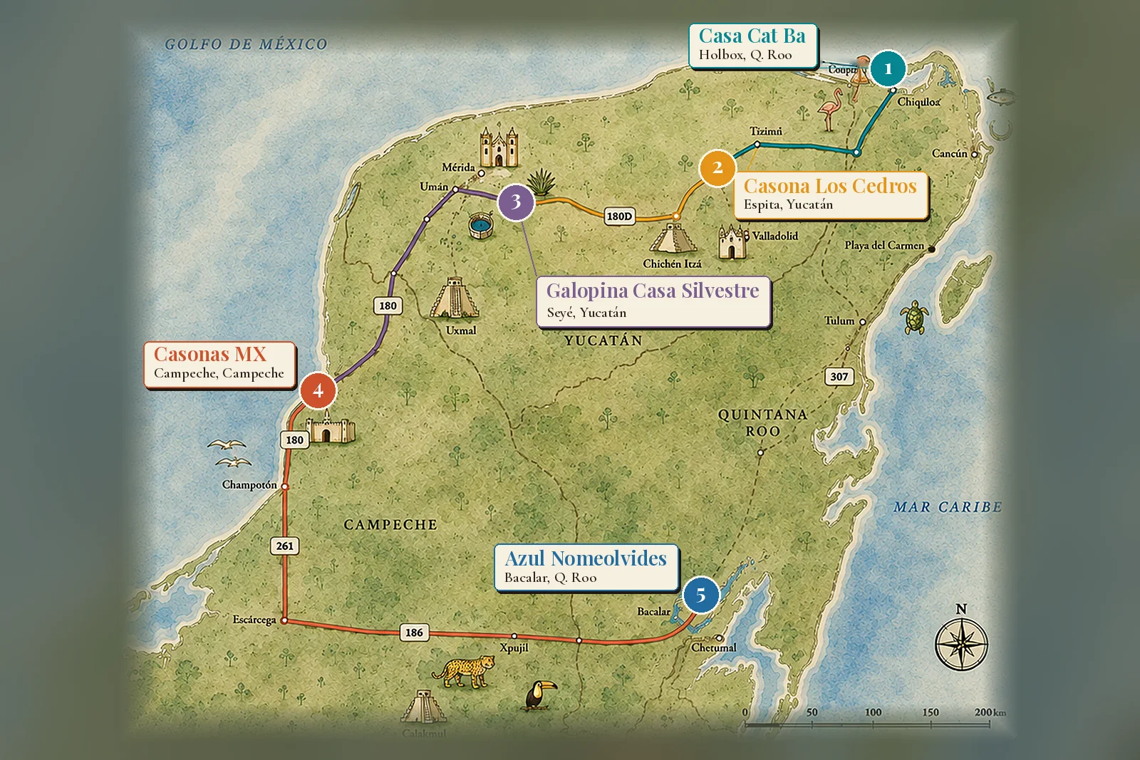 Mapa ilustrado de la península de Yucatán con la ruta de Las Casas de la Península y sus cinco casas: Casa Cat Ba, Casona Los Cedros, Galopina Casa Silvestre, Casonas MX y Azul Nomeolvides