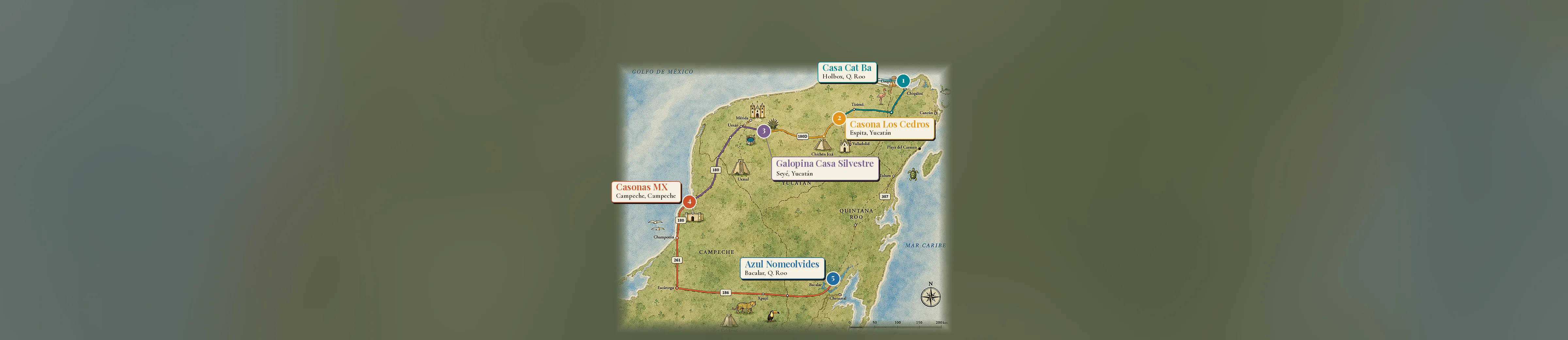 Mapa ilustrado de la península de Yucatán con la ruta de Las Casas de la Península y sus cinco casas: Casa Cat Ba, Casona Los Cedros, Galopina Casa Silvestre, Casonas MX y Azul Nomeolvides
