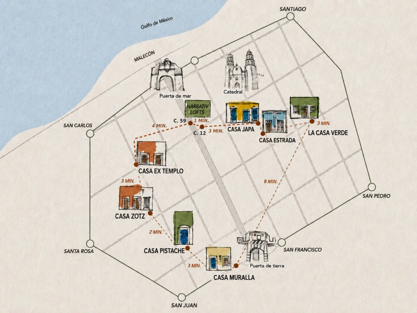 Mapa de las casas de Casonas MX dentro del recinto amurallado de Campeche